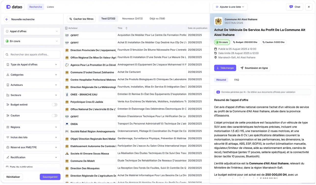 Capture d'écran de l'interface Datao montrant la gestion des appels d'offres
