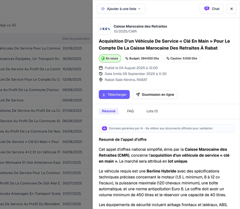 Fiche enrichie et résumé IA d'un appel d'offre