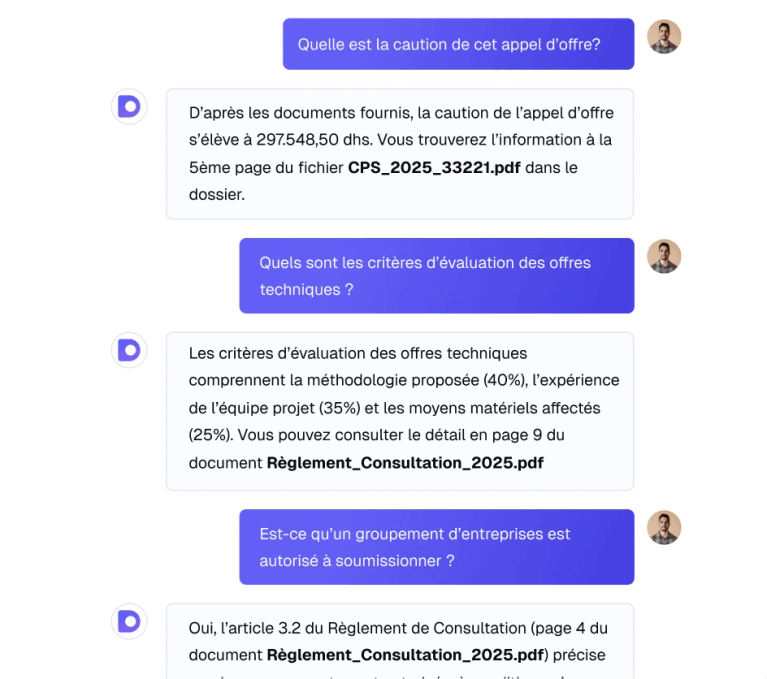 Assistant IA répondant aux questions sur un dossier d'appel d'offre