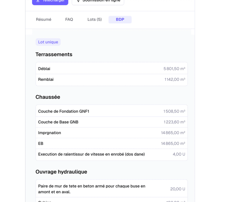Interface de recherche par article dans les bordereaux de prix
