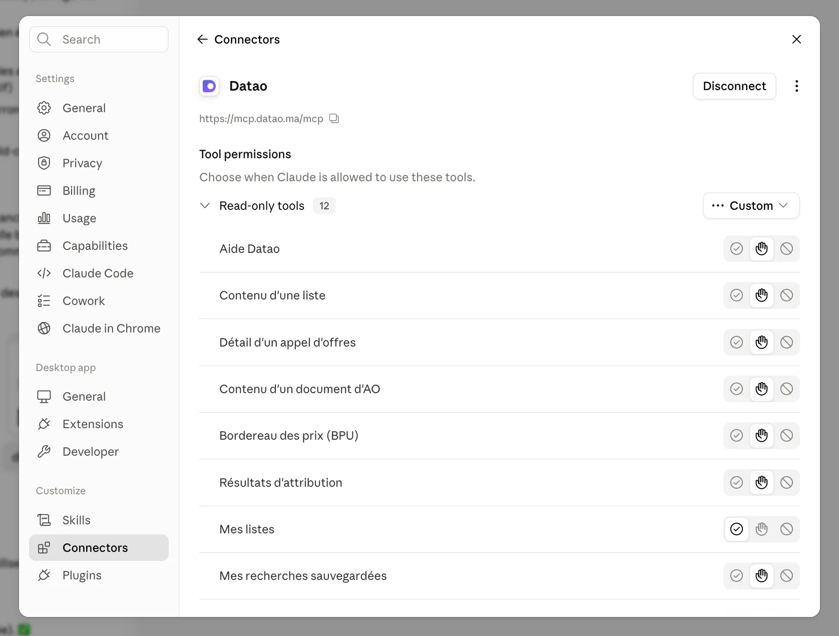 Le connecteur Datao ajouté dans Claude : écran Settings → Connectors montrant Datao connecté, l’URL du connecteur et les permissions des outils.
