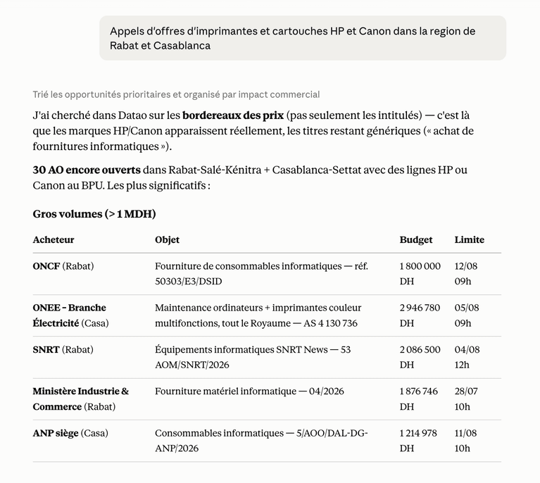 Recherche de marchés publics Datao réalisée dans Claude via le connecteur MCP